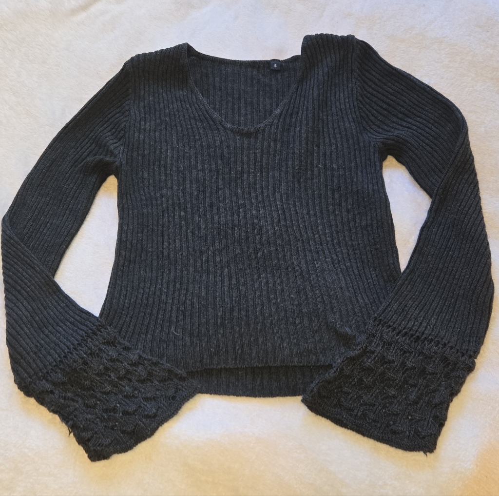 Dark Gray Ribbed Knit Sweater With Crochet Bell Sleeves